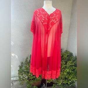 Vintage LeVoy’s red sheer robe lingerie lace heart buttons OS